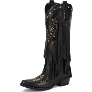 Cowboy Boots for Women - Fringe Knee High Cowgirl Boots with Classic Embroidery, Pointed Toe Pull on Retro Design, Perfect for Western Parties, Weddings and Events (Black) Size: 8.5