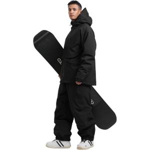 GSOU SNOW Mens Ski Jacket and Pants Set Baggy Snowboard Suit Ski Snowsuit Snow Bibs Waterproof Hooded (Small, Black)