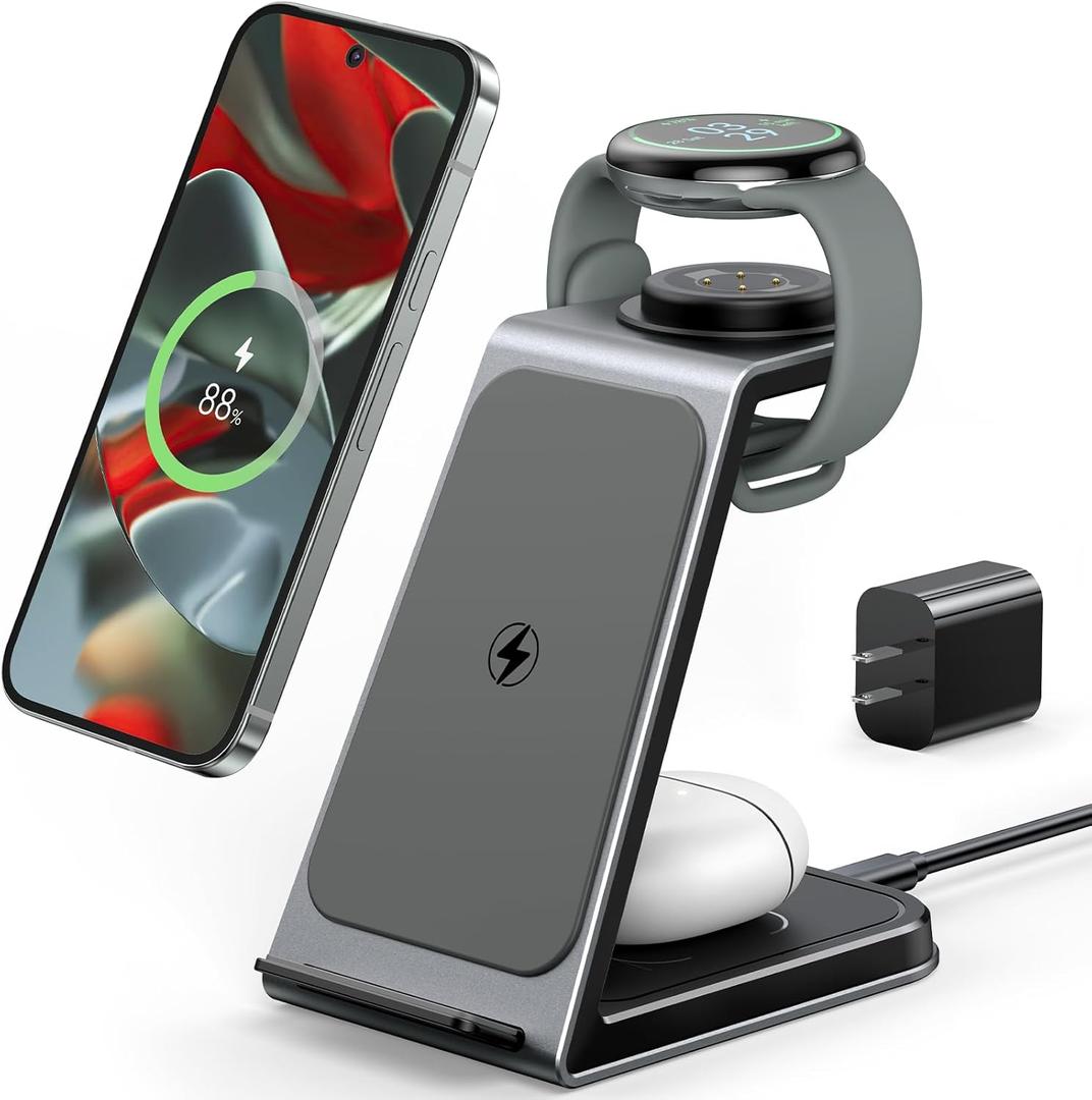 Meifigno Watch Charger Stand for Pixel Watch 3/2/Fitbit Versa 4/3/sense 2/Sense (Not for Pixel Watch1/4), 3 in 1 Aluminum Alloy Pixel Charger Designed for Google Pixel 10 Pro XL/9/9a/8/7, for Buds