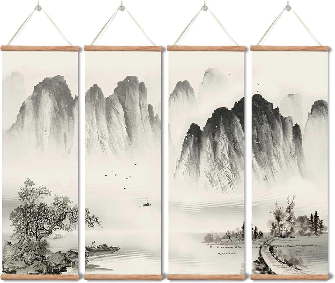Landscape Painting,Chinese Ancient Architecture Posters and Prints,traditional Ink Decor,Wall Art Black and White for Living Room Bedroom,4 Piece Set Fixed Wooden Hanging Scroll (landscape, 12x36x4piece)