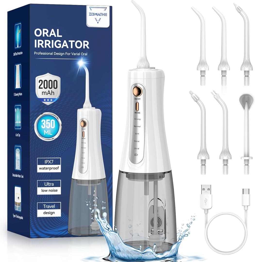 350ML Cordless Water Flosser, Water Dental Flosser Picks for Teeth Cleaning and Flossing with 6 Jet Tips & 5 Pressure Modes, 2000 mAh Rechargeable Powerful Oral Irrigator for Home Travel (White)
