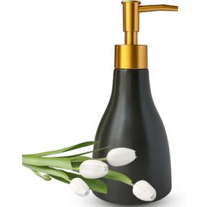 280ml Black Ceramic Liquid Soap Dispenser for Bathroom & Kitchen with Gold Pump,Refillable Countertop Hand Sanitizer Bottle,Chic Home Deco(Cone Black Bottle)