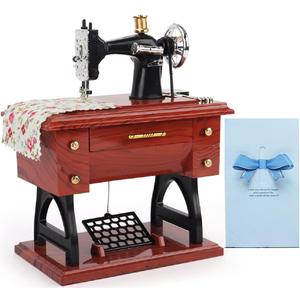 Sewing-Machine-Music-Box-Vintage-Hand-Cranked-Mechanism Mini Musical Retro Classical Table Desk Decoration with Greeting Card