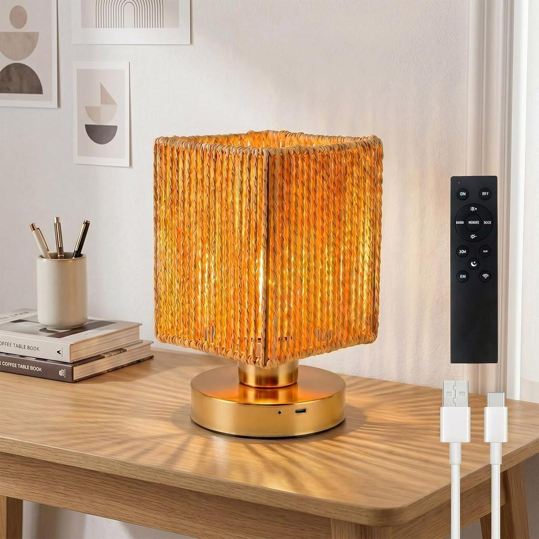 Rattan Table Lamp, 6000mah Battery Operated Table Lamp, Boho Small Desk Lamp, 3 Brightness Dimming for Bedroom Living Room Kids Room Touch Switch, Bulb Included