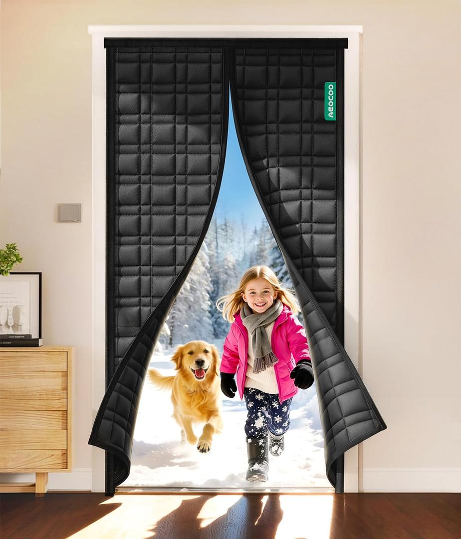 Thermal Door Curtain, Fit Size up to 36 x 80 Inches, Magnetic Insulated Door Curtains for Doorway/Front/Back/Basement, Oxford Cover with Thick Cotton to Keep Warm Winter, Black, Rectangle