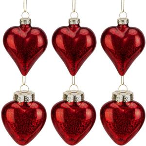6 Pcs Valentine's Day Heart Glass Ornaments, 2 Style Antique Red Mercury Glass Heart Ornament, Romantic Love Hearts Shaped Baubles for Party Valentines Wedding Anniversary Christmas Tree Decor