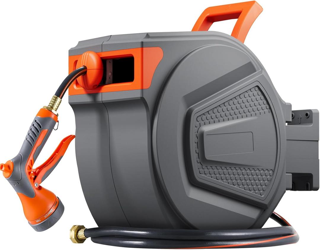 TLGREEN Retractable Garden Hose Reel, 1/2in x 100 ft Water Hose Reel Wall Mount Heavy Duty, with Rewind Storage, 9-Function Sprayer Nozzle, Any Length Lock, Slow Return System, 180Swivel Bracket (Grey)