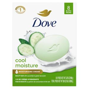 Dove Beauty Bar Soap Cool Moisture Cucumber & Green Tea Scent, 8 Bars for Refreshed Skin, Leaves Skin Refreshed 3.75 oz, Pack of 8 