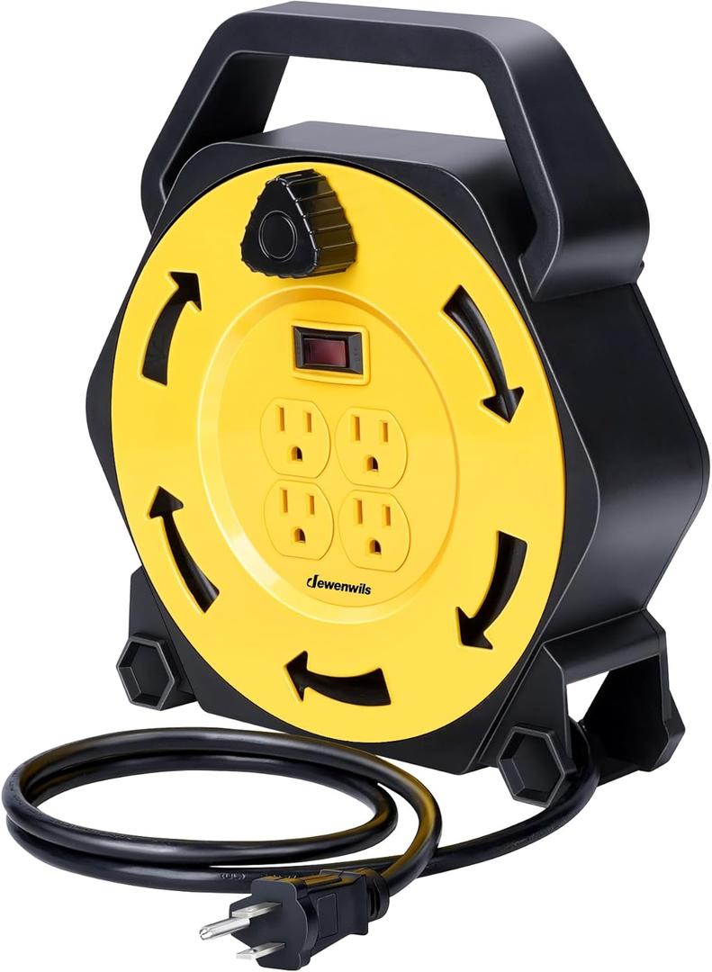 DEWENWILS Extension Cord Reel with 25 FT Power Cord, Hand Wind Retractable, 16/3 AWG SJTW, 4 Grounded Outlets, 13 Amp Circuit Breaker, Yellow, Black, UL Listed