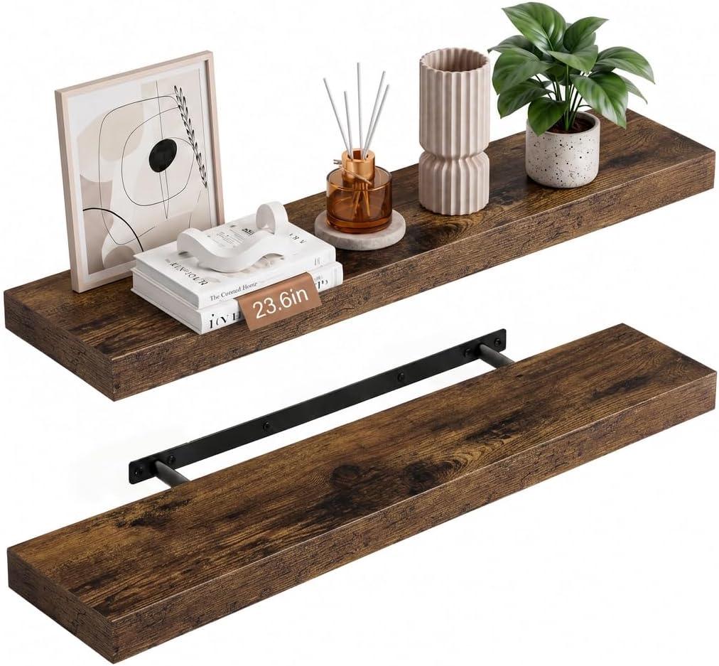 upsimples 23.6" Long Floating Shelves for Wall, Room Decor Set of 2, Brown, 23.6in