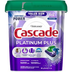 Cascade Platinum Plus Dishwasher Pods, Dish Detergent Soap, Clean Scent, 62 Count