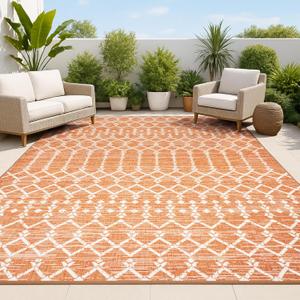 JONATHAN Y SMB108P-9 Ourika Moroccan Geometric Textured Weave Indoor Outdoor Area Rug, Bohemian Rustic Scandinavian Easy Cleaning, Bedroom, Kitchen, Backyard, Patio, Non Shedding, 9 X 12, Orange/ Cream