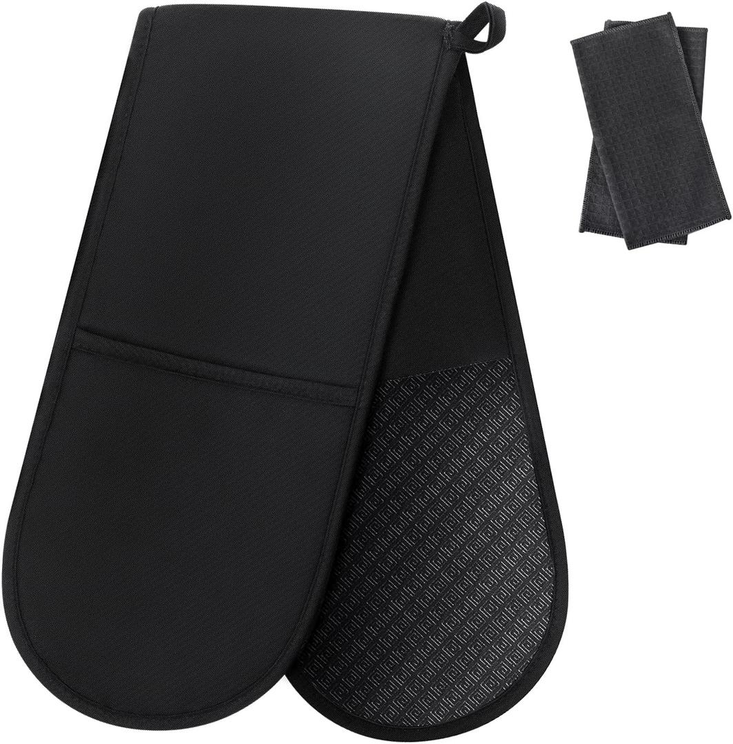 Philorn Black Double Oven MittsHeat Resistant 260 Waterproof Silicone Glove Kitchen Gloves Oven Extra Long Oven Mitts with Non-Slip Silicone Surface for Baking, Cooking, BBQ
