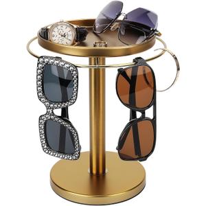 360 Rotating Sunglass Organizer Storage, Stainless Steel Glasses Holder Stand, Glasses Organizer with Tray for Desk, Dresser, Tabletop, Nightstand and Home Decor (Gold)