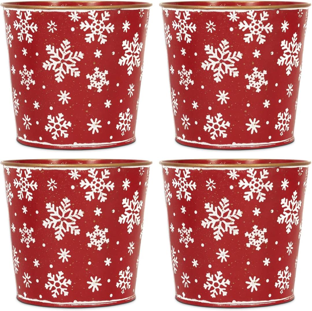 Putuo Decor Christmas Galvanized Metal Buckets, 5.9in Small Tin Buckets with Christmas Tree Pattern, 4Pcs Round Beverage Tub for Party Centerpiece Table Decor 5.9X5.3 in (Red-snowflake)