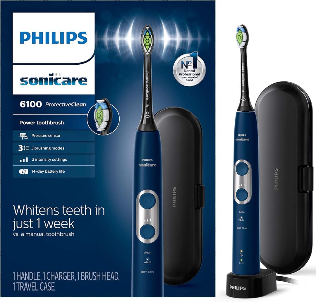 Philips Sonicare ProtectiveClean 6100 Rechargeable Electric Toothbrush, with Pressure Sensor, 3 Cleaning Modes, SmarTimer and QuadPacer, 14-Day Battery Life, Travel Case, Navy Blue, Model HX6871/49