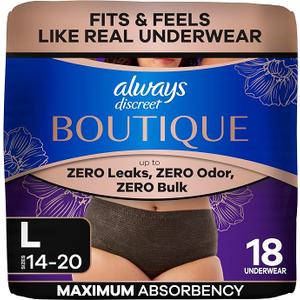 Always Discreet Boutique Incontinence and Postpartum Underwear for Women, Maximum Protection, Large, Black, 18 Count