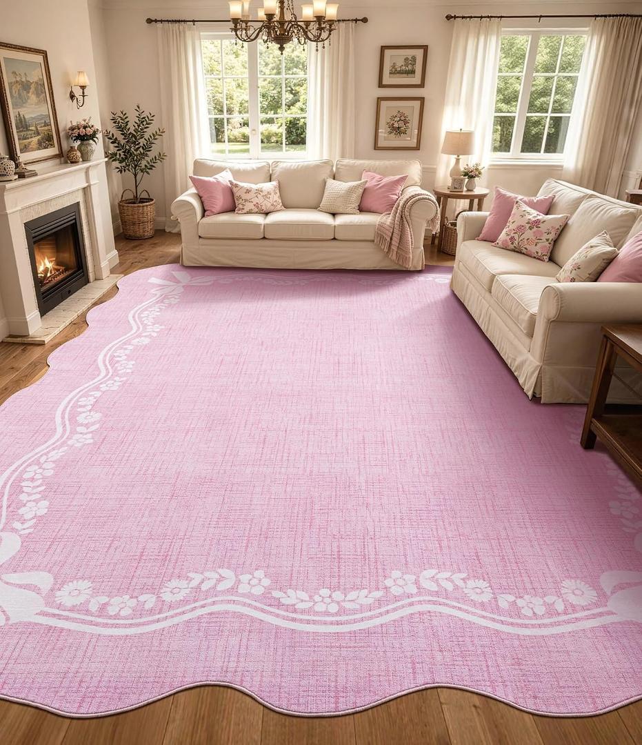 8x10 Area Rug Pink Bow Living Room Rug,Girls Bedroom Rug | Cute Princess Scalloped Rug Washable,Non Slip Soft Low Pile Floral Border Carpet for Extra Large Bedroom，Dining Room