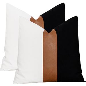 Set of 2 Black and White Modern Throw Pillow Cover Thick Faux Leather and Cotton Farmhouse Accent Cushion Cover for Couch Sofa Decorative Square Pillowcase 18x18 Inch, Black
