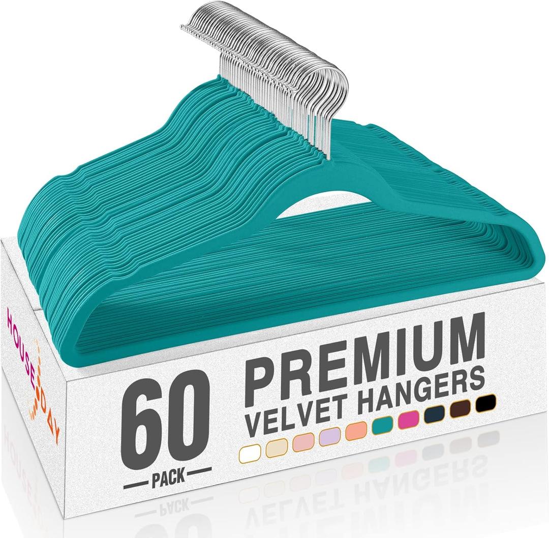 HOUSE DAY Mint Green Velvet Hangers 60 Pack, Non Slip Clothes Felt Hanger Heavy Duty for Coat, Premium Slim Space Saving Suit Hangers for Closet Organizer, 360 Rotating Silver Hook