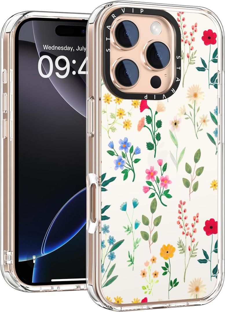 Wildflower Phone Case for iPhone 16 Pro Cute Trendy Aesthetic Floral Design for Women & Girls - Military-Grade Drop Protection - Clear Hard Shell Protective Cover - Red Blue Wildflowers