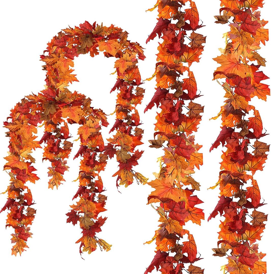 CQURE 4 Pack Fall Leaf Garland, Total 23.6Ft Artificial Fall Vines Autumn Garland Fall Maple Leaves Thanksgiving Decor for Home Wedding Fireplace Christmas