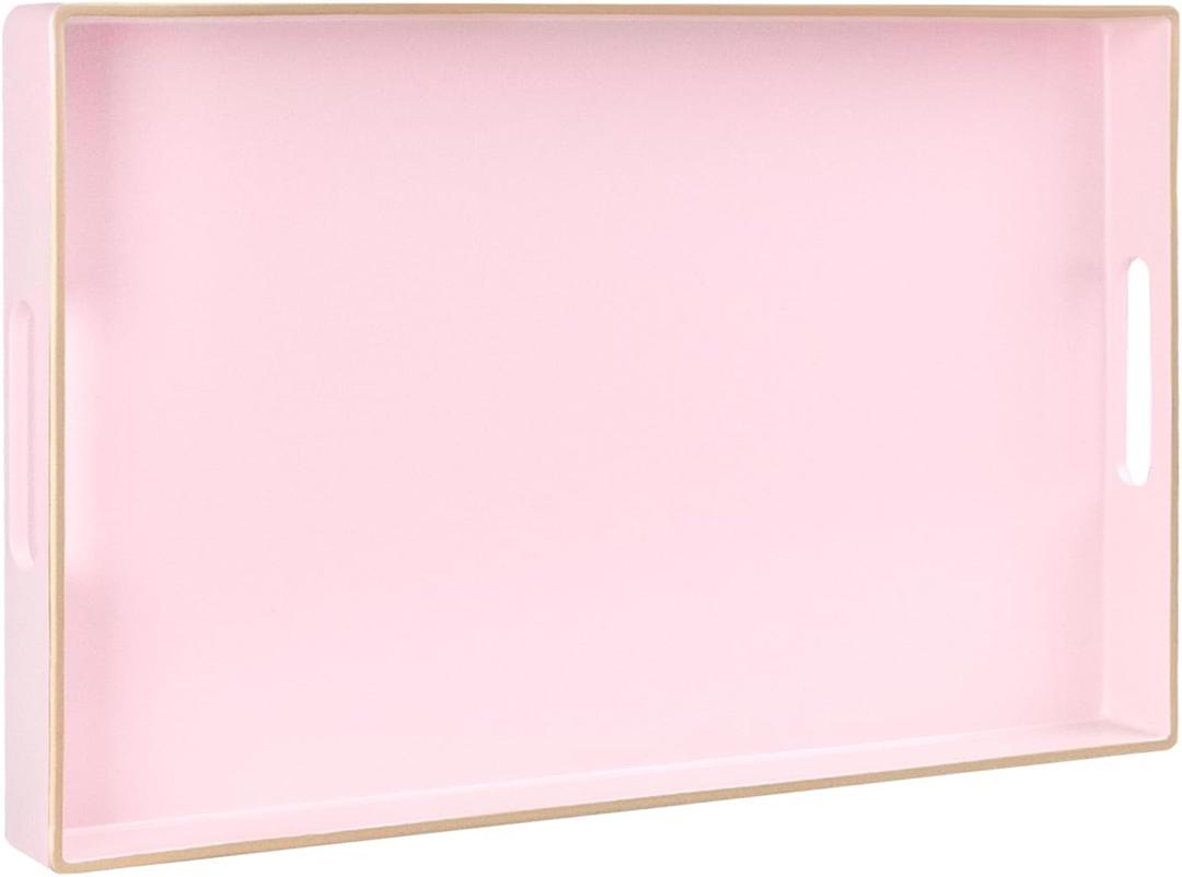 MAONAME Pink Serving Tray with Handles, Modern Decorative Trays for Coffee Table, Plastic Rectangular Trays for Ottoman, Bathroom, Decor, 15.8 x 10.2 x 1.4"