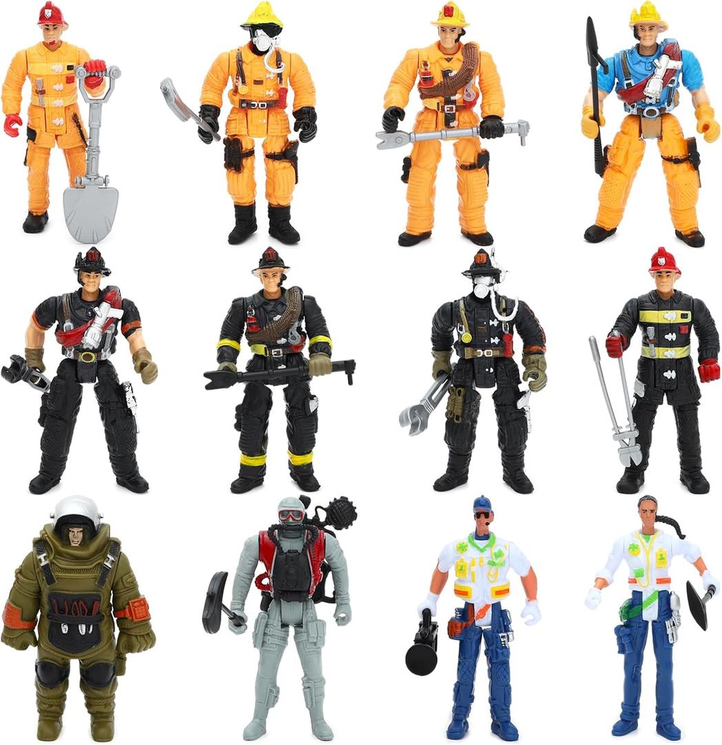 ONEST 12 Pieces Firefighter Action Figures Firefighter Figurines 4" Action Figures with Hats & Accessories for Party Decoration