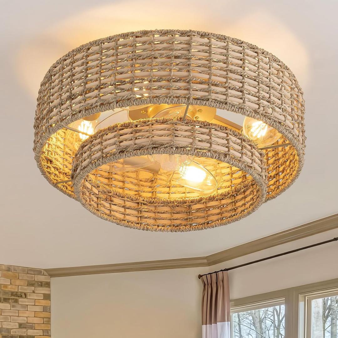 Boho Caged Ceiling Fans with Lights Flush Mount, Layered Rattan Ceiling Fan with Light Remote Control with Reversible 6 Speeds for Bedroom, Nursery, Living Room, E26 Base, Indoor