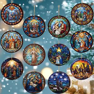 24 Pcs Nativity Religious Christmas Ornaments Nativity Stained Wood Hanging Ornaments Christian Religious Gifts for Christmas Tree Decor Stocking Stuffers Pastor Women Man Family Friend