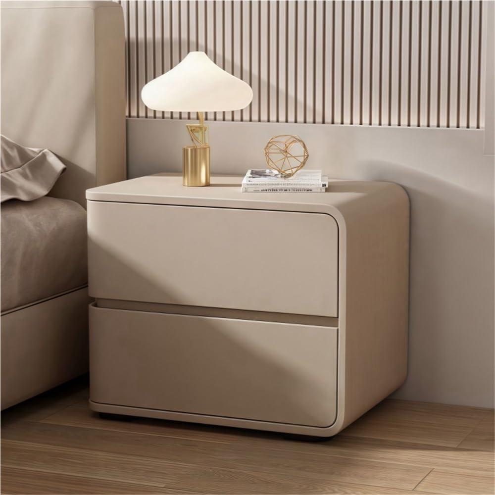 Solid Wood Nightstand with 2 Drawers, Premium Side Table with Microfibre Leather Wrap, Minimalist Bedside Table Bedside Furniture, Left and Right Options Nightstand(Khaki(Left),Large)