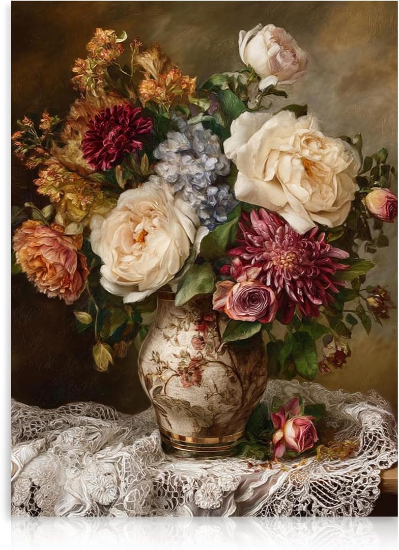 Dazzlewall Classic Floral Wall Art Decor, Vintage Maximalism Flowers in Vase Painting Retro Aesthetics Artwork Print for Bedroom Living Room Decor, 12x16 in Unframed (Multicolour)