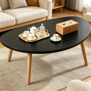 Coffee Table Low Table with Solid Wood Legs, 31.5x19.7 Large Coffee Table Side Table, Floor Table Desk for Sitting on The Floor, Living Room Furniture for Office Apartment Home, Pebble-Black, 31.5 x 19.7 x 16.3 inches
