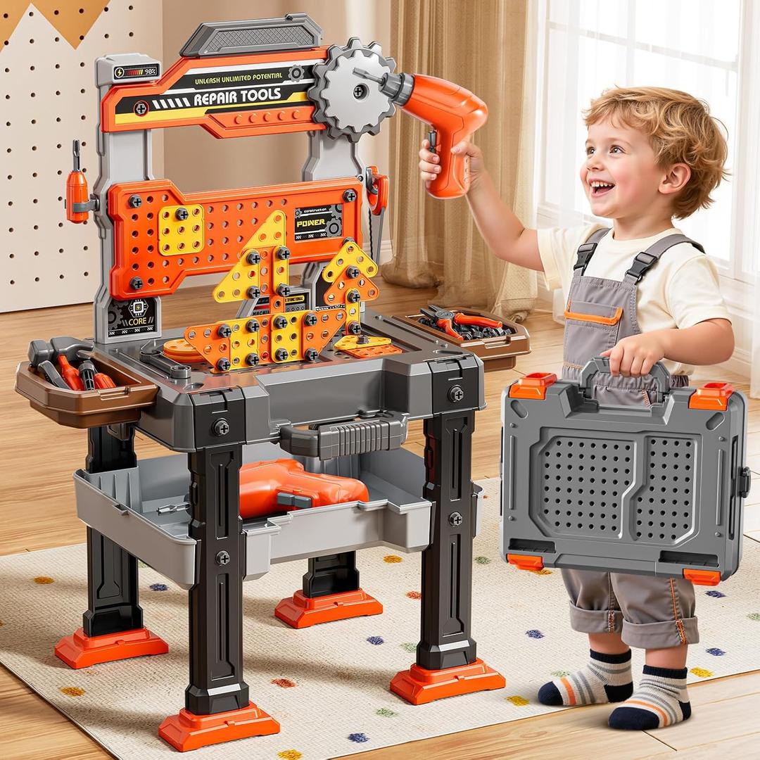 XINNOVEL 2 in 1 Workbench Toys for Toddlers 35, Kids Tool Bench Set with Electric Drill and Realistic Tool, Pretend Play Toolbox, Birthday Gifts for Boys Age 3 4 5 6 7 8 Year Old