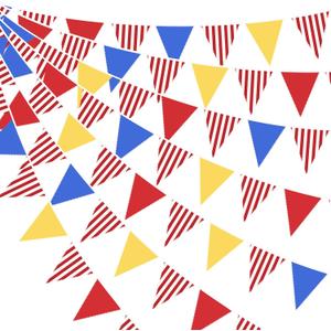 32Ft Red Blue Yellow Carnival Party Decorations Red Striped Carnival Circus Clown Triangle Flag Pennant Bunting Banner Fabric Garland Streamers for Kids Birthday Baby Shower Outdoor Decor Supplies