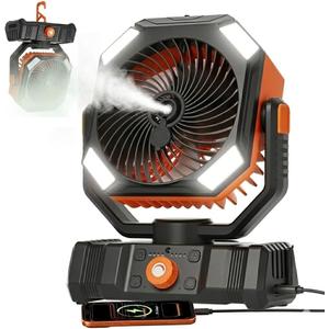 USONE Misting Fan, Portable Camping Fan Rechargeable, Battery Powered Fan for Camping with Light, Remote & Timer, Hanging Tent Fan with Hook for Outdoor fishing, Travel, Work/Summer Essential