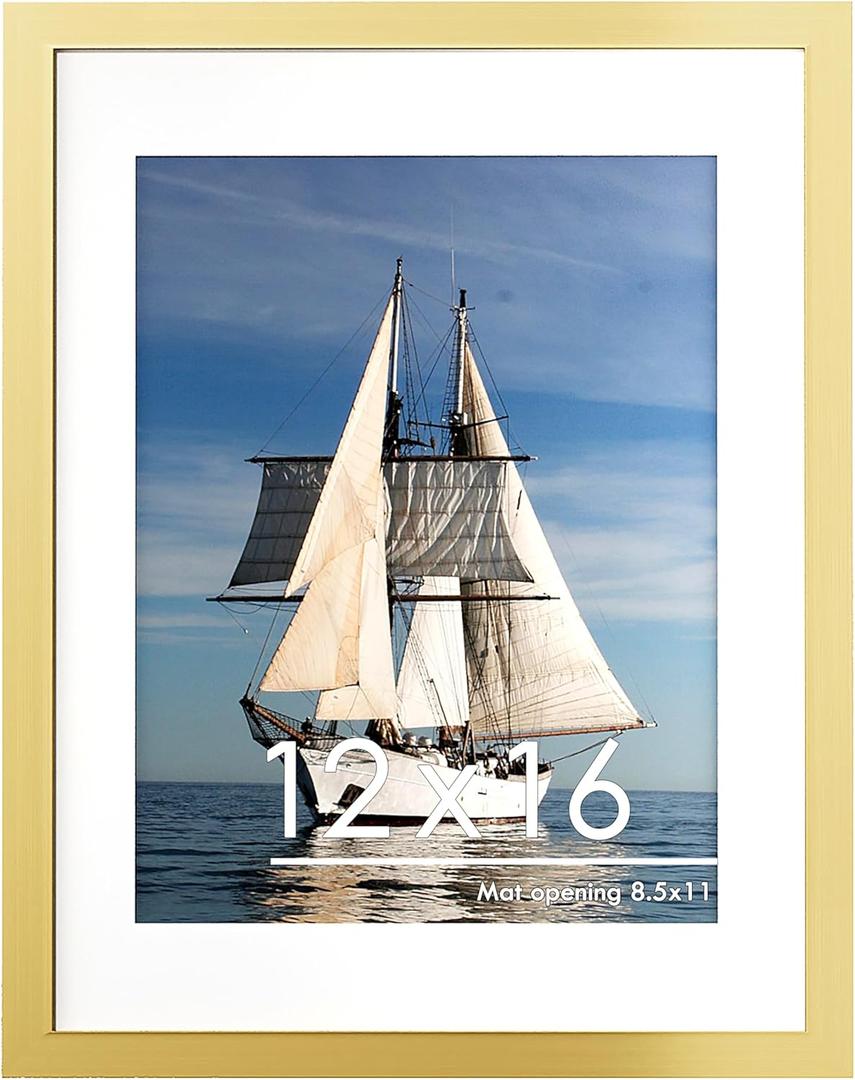2 x PEALSN 12x16 Picture Frame, Display Pictures 8.5 x 11 with Mat or 12 x 16 without Mat for Wall Mounting Display, Photo Frames, Gold.