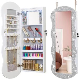 Jewelry Armoire Organizer, LED Jewelry Cabinet Wall/Door Mounted, Lockable Wavy Mirror with Storage, Crushed Diamonds Mirror Full Length,Door or Wall Mounted Mirror with Jewelry Storage (42.5*17.3, Crystal)