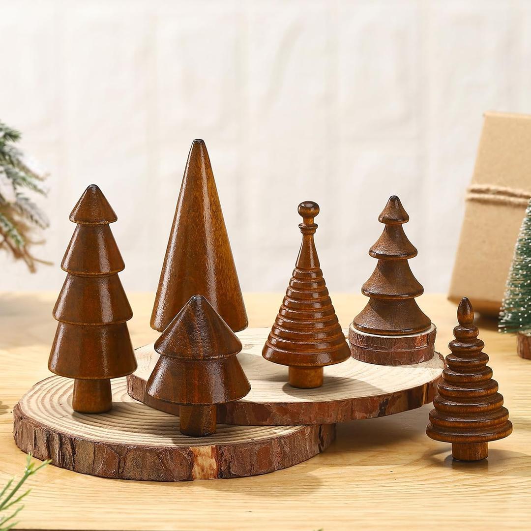 Namalu 6 Pcs Vintage Mini Wooden Christmas Tree Farmhouse Handmade Wood Christmas Trees Rustic Mini Christmas Trees Set Xmas Table Centerpiece Figurines for Table Decoration (Brown)