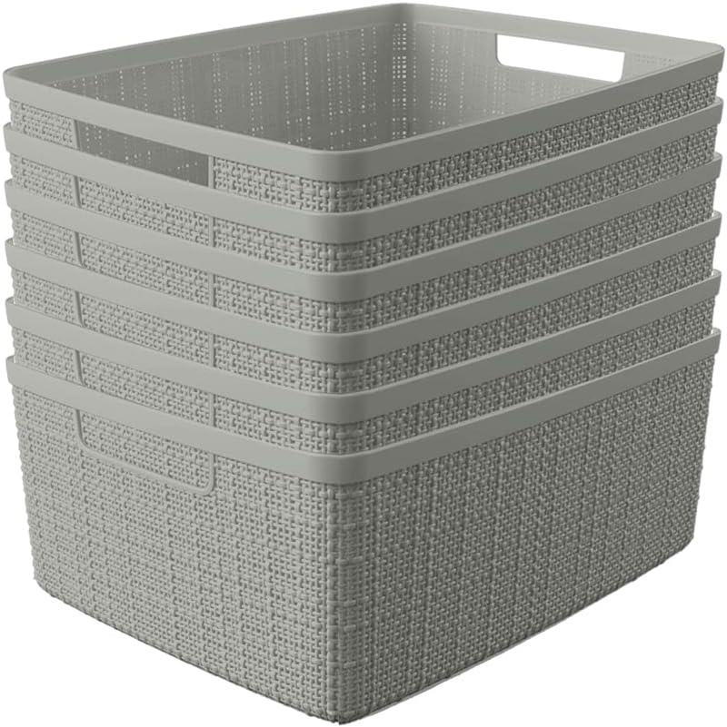 Curver Set of 6 Medium 12L Jute Decorative Plastic Organization and Storage Baskets - Perfect Bins for Home Office, Closet Shelves, Kitchen Pantry and All Bedroom Essentials, Grey