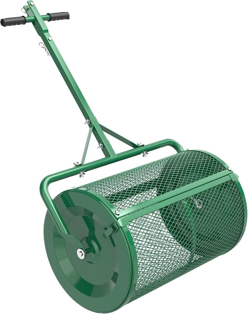 Seeutek Compost Spreader, 24" Upgraded Peat Moss Spreader with 3 Heights, Top Soil Spreader W/Upgraded Side Latches Support Rod Powder Coated Metal Mesh Spreader for Lawn, 2 Way Uses-Push or Tow