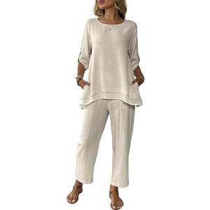 Women's Linen 2 Piece Outfits Rolled Sleeves Tops Wide Leg Trouser Pants Suits Summer Casual Dressy Linen Sets. Size S