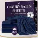 SLEEP SANCTUARY Satin Sheets Queen Size  4 Piece Luxury Silky Bed Set, Softer Than Silk, 15" Deep Pocket, Cooling & Wrinkle-Free, Moisture-Wicking & Breathable for Hair & Skin (Navy Blue)