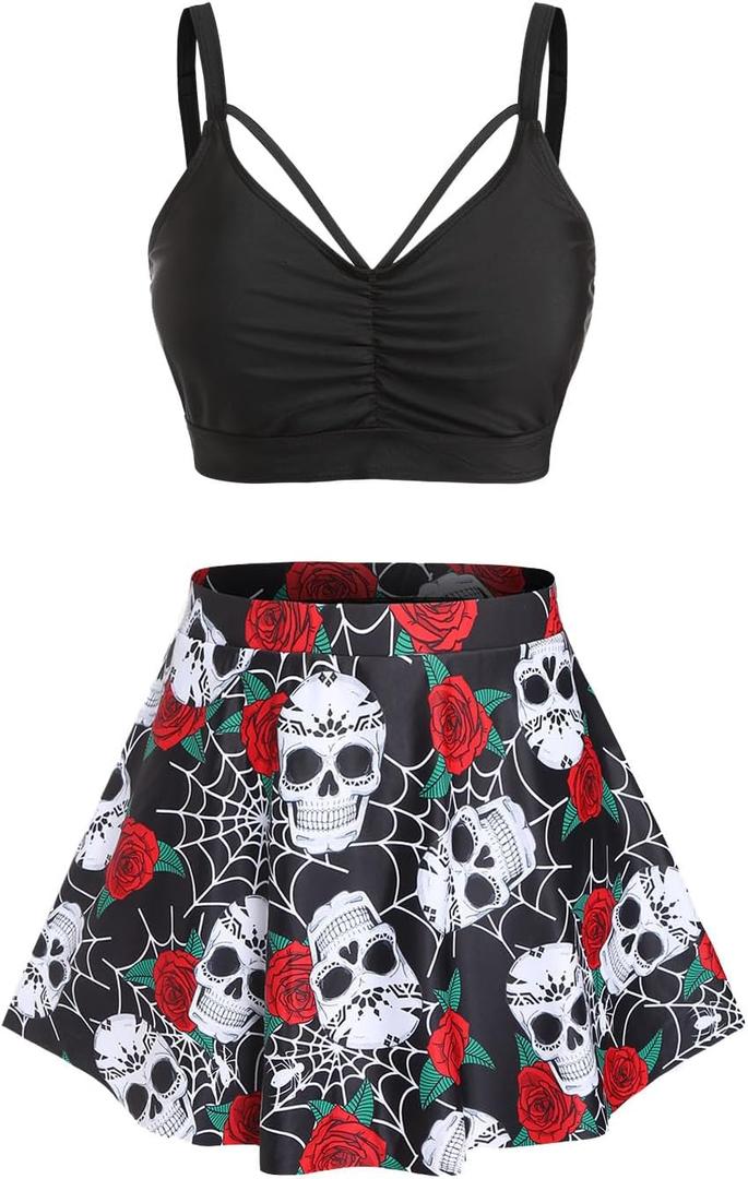 Rosegal Women Plus Size Gothic Tankini Swimsuit Rose Skulls Printed Ruched Two Piece Bathing Suits (Black), Size: Medium Plus