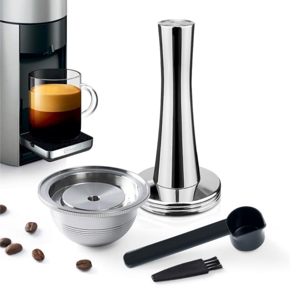 Stainless Steel Refillable Coffee Capsule For VertuolineGCA1, BENFUCHEN Metal Refillable Pod Brew Coffee 230ML/7.5OZ(BIG Cup), NespressoVertuo Reusable Pod For ENV135, 1 Pod 1 Tamper