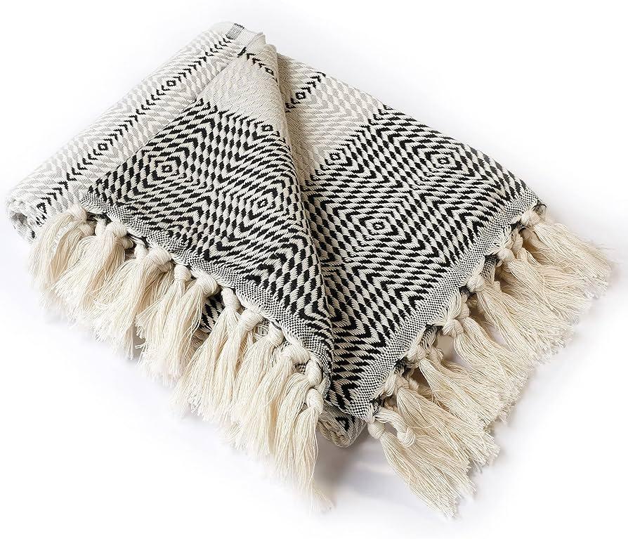 Peshtemania Premium Cotton Boho Throw Blanket |50”x60”| Grey Black and White Throw Blankets for Bed Sofa Couch Outdoor Farmhouse Turkish Throws Blankets for Sofa Bedroom Picnic Blankets Yoga