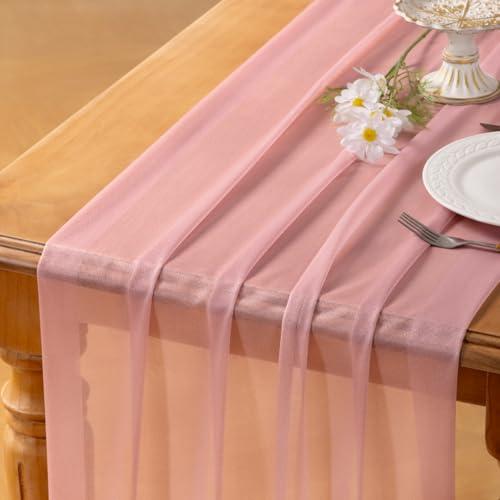 Socomi 10pcs Dusty Rose Gauze Table Runner Bulk 10ft Chiffon Like Wedding Table Runner for Bridal Shower Decorations Baby Shower, Dusty Rose