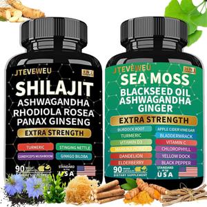 Shilajit and Sea Moss Ashwagandha Combo Bundle- Sea Moss, Black Seed Oil, Ashwagandha, Ginger & Shilajit, Rhodiola Rosea, All in 1 Supplements （180 Capsules) Best By Date Not Found