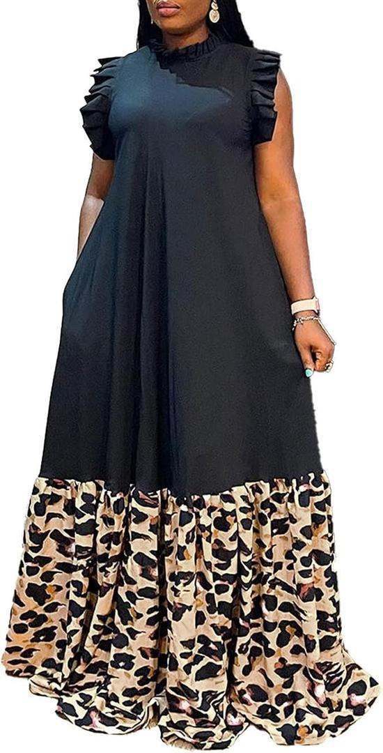 Famnbro Plus Size Maxi Dress for Women Summer Ruffles Sleeveless Patchwork Printed African Dresses (3X-Large, Black)