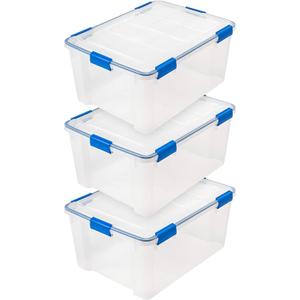 IRIS USA WeatherPro 60 Qt Storage Bins with Lids, 3 Pack, BPA-Free Plastic Gasket Box with Tight Latch and Seal, Stackable Nestable Tote Tub - Clear/Blue